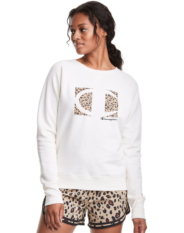 Champion Womens Sweatshirt NZ - Powerblend Fleece Crew Leopard Colorblock Logo White ( 7960-XEQKV )